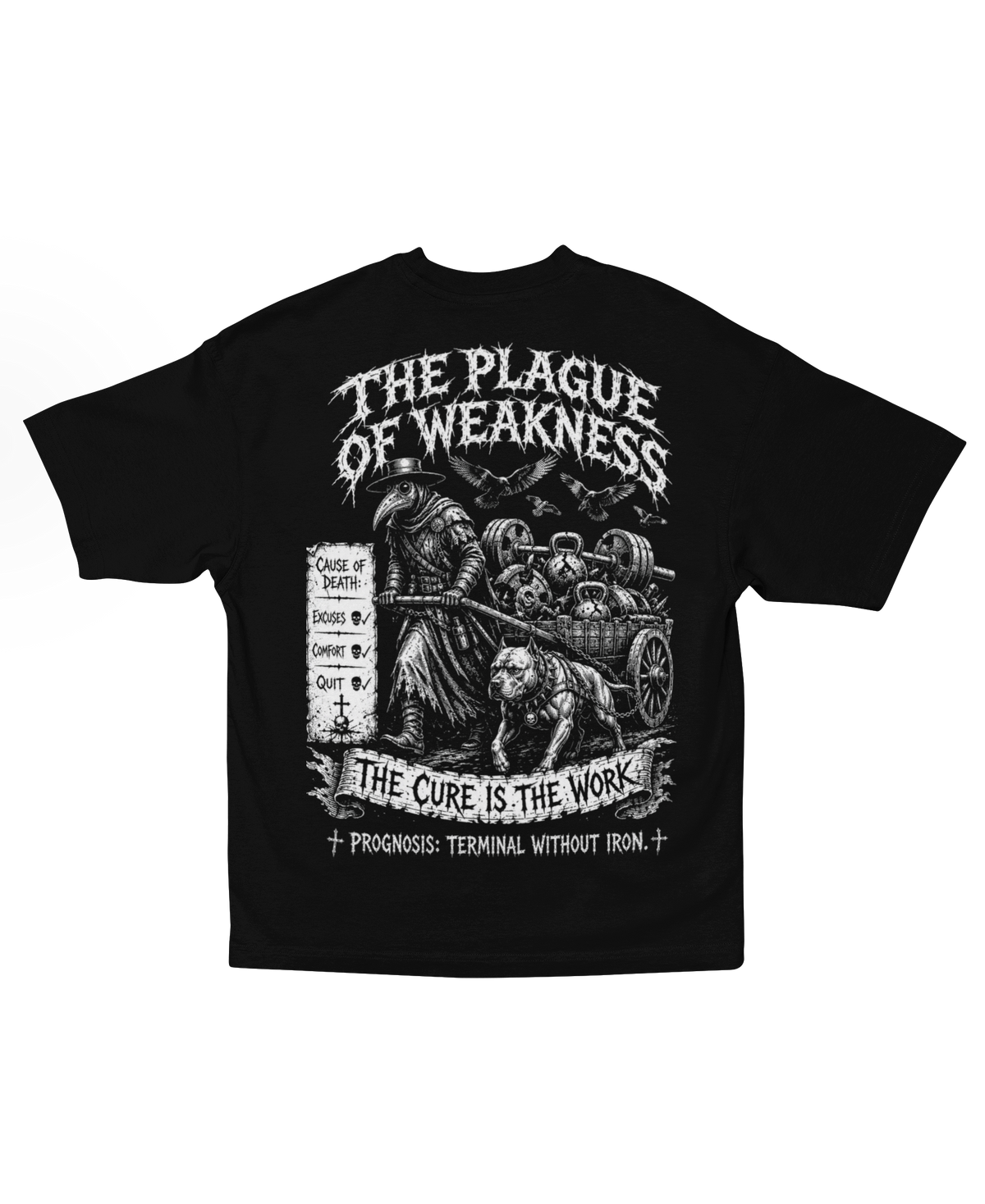 THE PLAGUE OF WEAKNESS back graphic on heavyweight black oversized tee from NIGHTMARE DIVISION