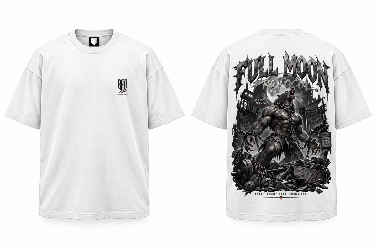 FULL MOON PROTOCOL V2 White graphic tee, front and back views of one shirt.