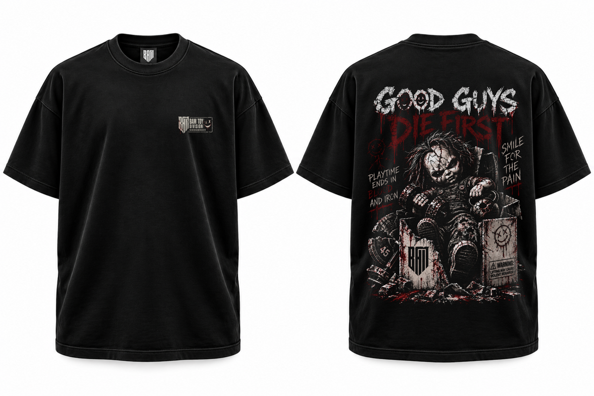 GOOD GUYS DIE FIRST V3 Black graphic tee, front and back views of one shirt.