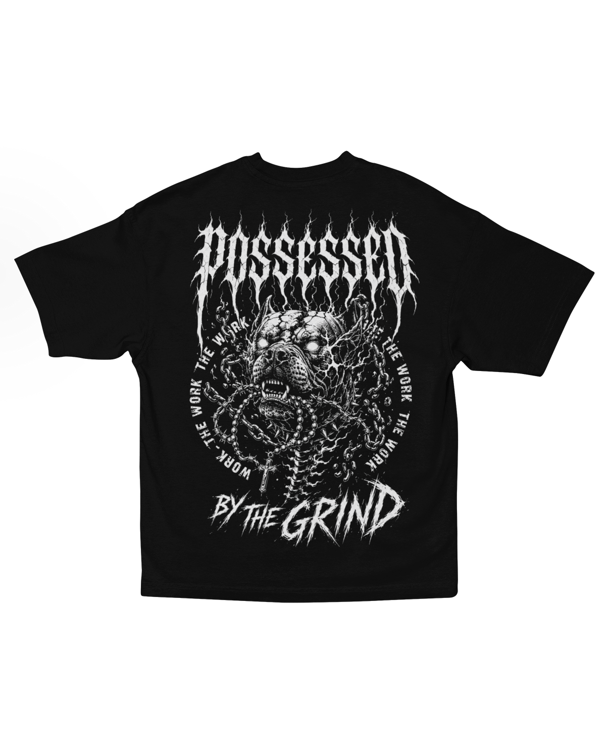 POSSESSED BY THE GRIND back graphic on heavyweight black oversized tee from NIGHTMARE DIVISION