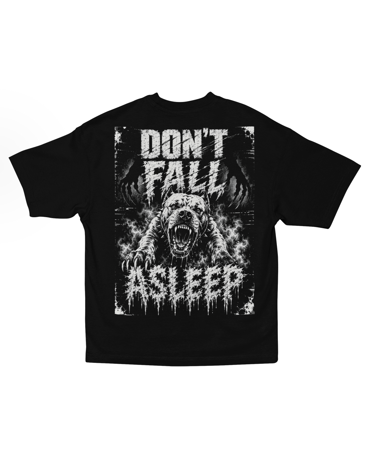 DON'T FALL ASLEEP back graphic on heavyweight black oversized tee from NIGHTMARE DIVISION