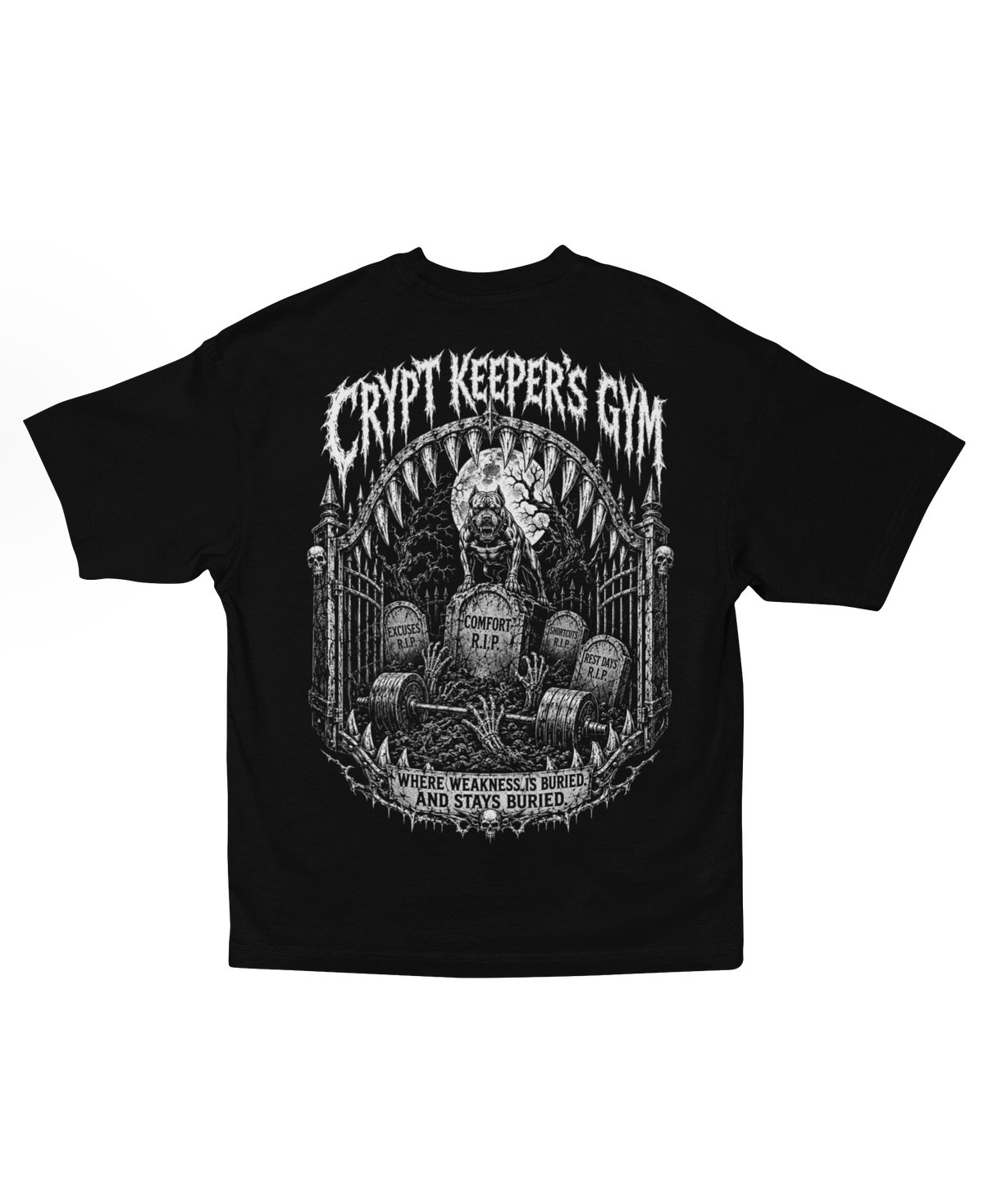 CRYPT KEEPER'S GYM back graphic on heavyweight black oversized tee from NIGHTMARE DIVISION