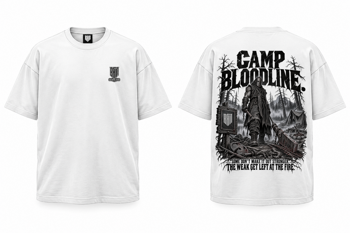 CAMP BLOODLINE V2 White graphic tee, front and back views of one shirt.