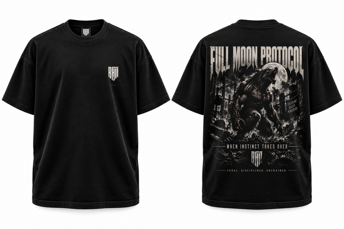 FULL MOON PROTOCOL V3 Black graphic tee, front and back views of one shirt.