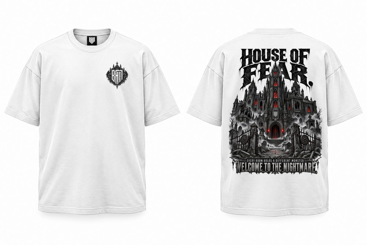 HOUSE OF FEAR V2 White graphic tee, front and back views of one shirt.