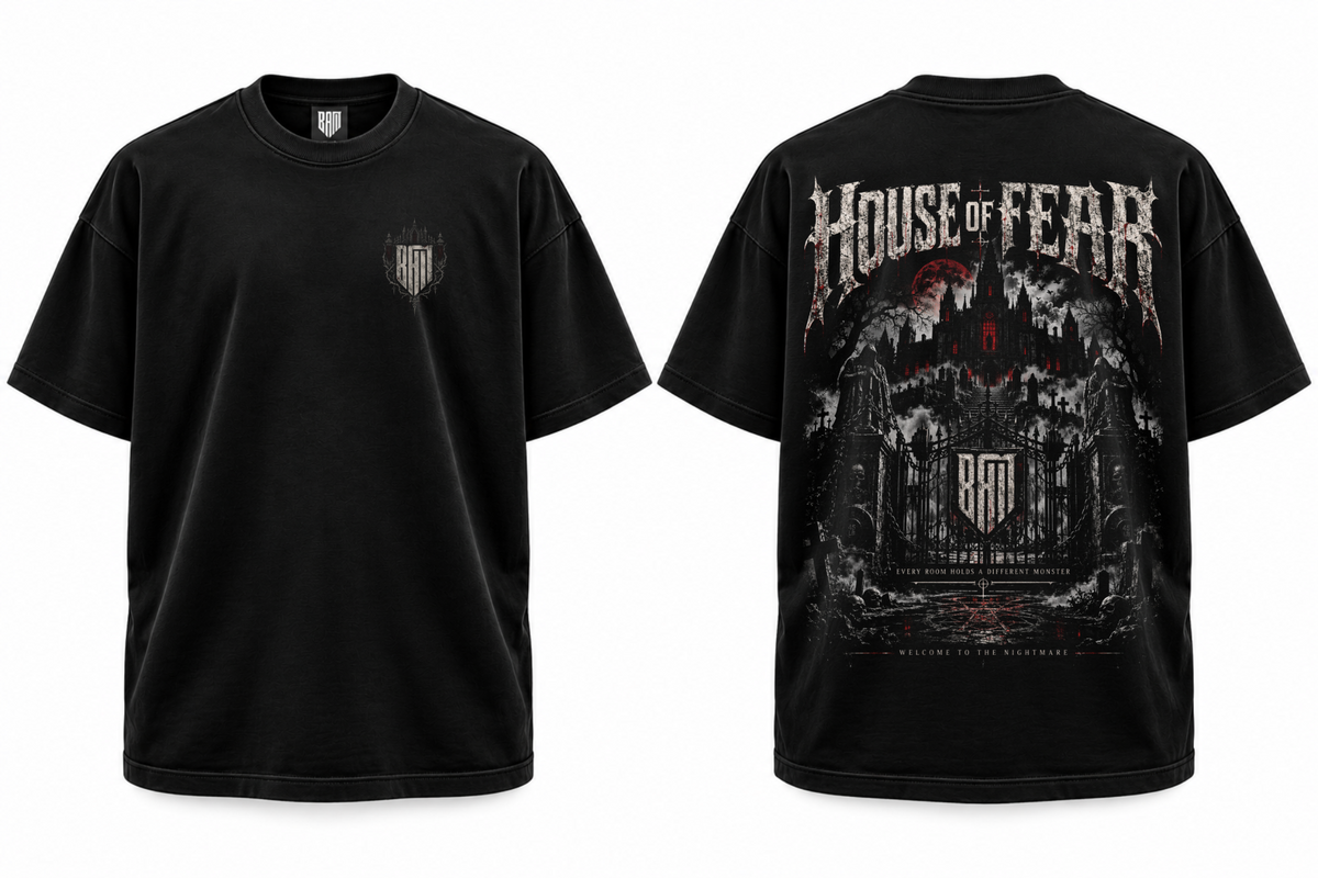 HOUSE OF FEAR V3 Black graphic tee, front and back views of one shirt.