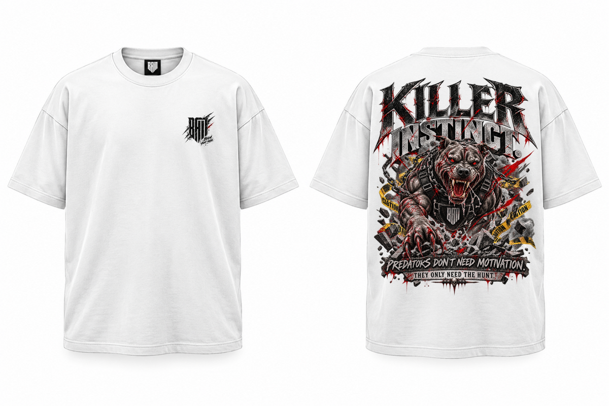 KILLER INSTINCT Original White graphic tee, front and back views of one shirt.