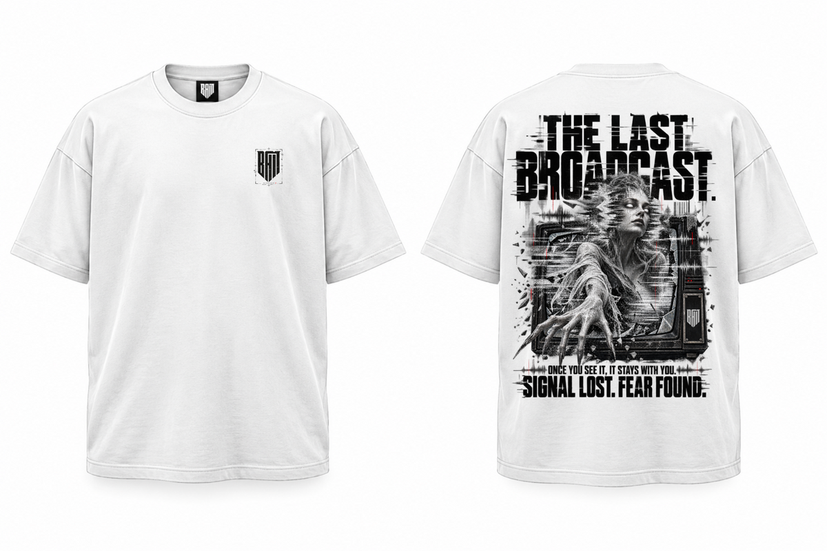 THE LAST BROADCAST V2 White graphic tee, front and back views of one shirt.