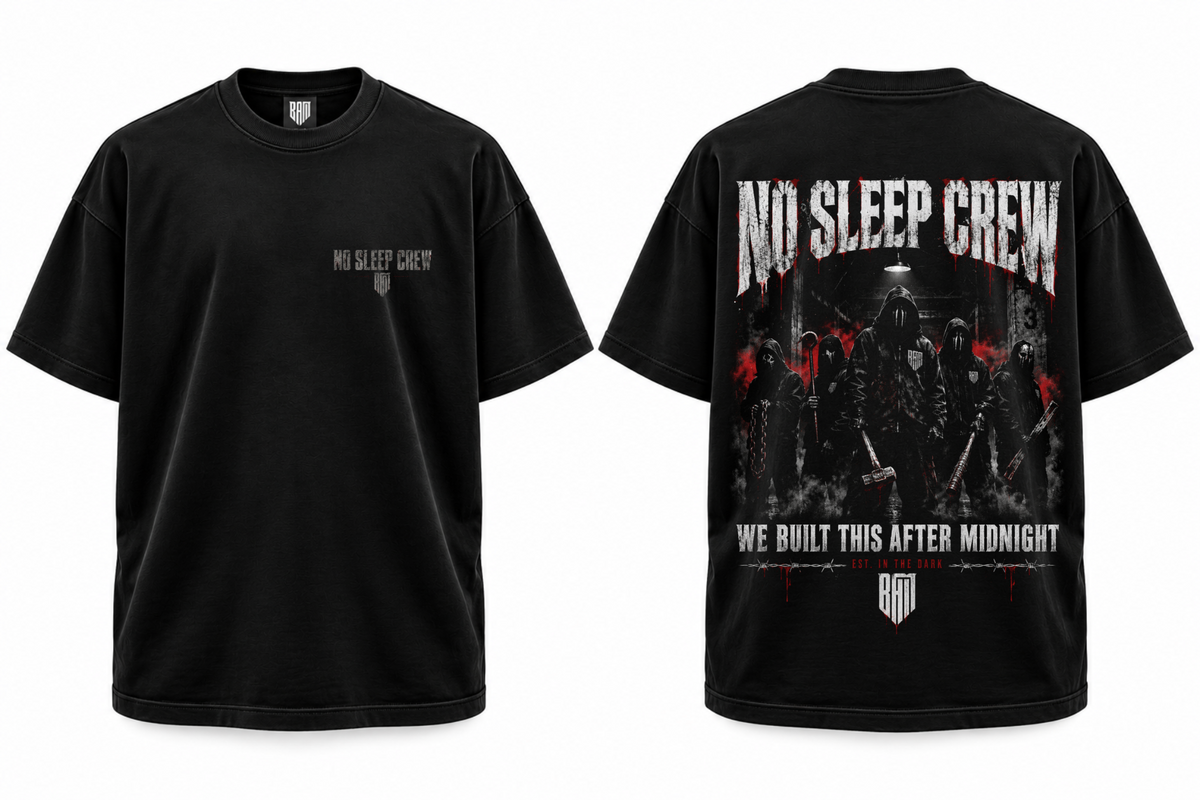 NO SLEEP CREW V3 Black graphic tee, front and back views of one shirt.